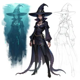 sketches for a cyberpunk vampire cecaelia character in a video game, octopus legs, witch hat, underwater, digital painting, full body, clothed, detailed, concept art
