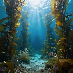 lush underwater kelp forest ecosystem beneath the ice of europa, alien plants and fish, award winning photograph, concept art trending on artstation