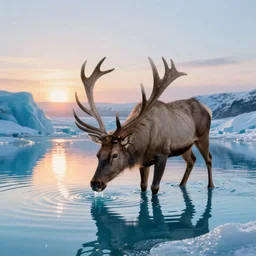a stunning ultra detailed fantasy fine art illustration of an elk drinking water by a reflective glacial turquoise blue fjord at sunrise, by gediminas pranckevicius and tomasz alen kopera, foggy, crepuscular rays, artstation, 8 k, deep depth of field, golden hour hues, vibrant colors, golden ratio composition, hyper realistic