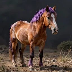 A horse with tentacles instead of legs. Amber color with purple porcupine needles. It has eyes instead of mouth. extremely realistic with high detail, biology book style