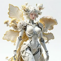intricate hyper detailed ultra sharp 3 d render of a beautiful porcelain seductive woman portrait, medium shot portrait, bright light, alexandre ferra white mecha, cyberpunk mechanical haute couture huge fractal mycelum and fungi, magnolia goliath head ornaments, big embroidered leaves filigree sinuous roots, octane render, volumetric cinematic lighting, yellow, 8 k, vray tracing