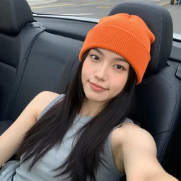 girl lounging in a convertible car wearing an orange beanie and a sleeveless shirt, selfie, demure smile