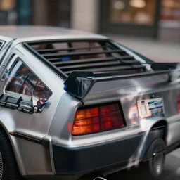 closeup photo of the delorean from back to the future, dof, chromatic aberration