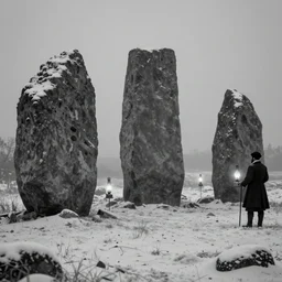 neolithic standing stones, by henry ossawa tanner and rembrandt, lit by gas lamps, black and white, grainy, snow, highly detailed, gloomy and foggy atmosphere, octane render, cinematic lighting, 8 k, hd