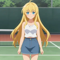 a very beautiful anime girl, full body, long golden hair, sky blue eyes, full round face,cute face, short smile, mini jeans skirt, cute top, tennis court setting, cinematic lighting, medium shot, mid-shot, highly detailed, trending on Artstation, Unreal Engine 4k, cinematic wallpaper by Stanley Artgerm Lau, WLOP, Rossdraws, James Jean, Andrei Riabovitchev, Marc Simonetti, and Sakimichan