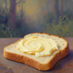 swirl of butter on fresh bread. gouache fairytale art, russian romanticism, muted palette, psychedelic art, backlighting, depth of field