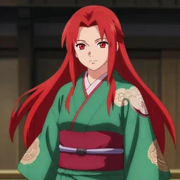 a portait of a beautiful redheaded female ninja wearing an intricate green and red kimono, drawn in the style of the anime naruto by masashi kishimoto. artstation, trending, high quality