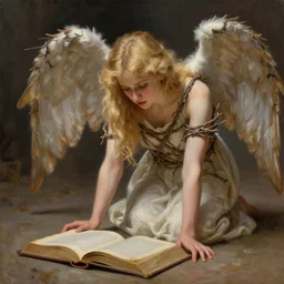 a blond clothed angel with wings made from twigs is kneeling down on the floor, looking desperately at a thick open book, fantasy oil painting, hyper realistic, depth of field, sharp focus