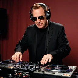 seinfeld kramer wearing heaphones and sunglasses DJing with DJ turntables, photoreal