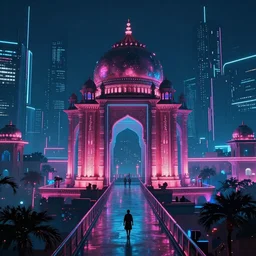 A beautiful, neon lit, surreal, blade runner style India in a cyberpunk future setting
