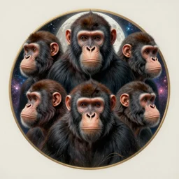 symmetry!! ultra realistic portrait of primates! moon and galaxy in background, intricate, elegant, highly detailed, digital painting, artstation, concept art, smooth, sharp focus, illustration, art by artgerm and ross tran and greg rutkowski and alphonse mucha, 8 k
