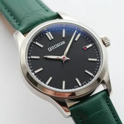 art wristwatch, silver hands with rubies at the tip, black face, green leather band, close up, intricate, photorealistic, 4 k,