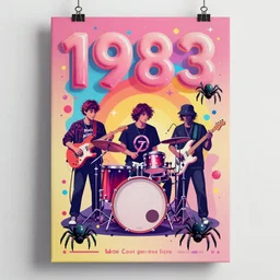 Vibrant colored poster for a rockband, time traveling spiders, glossy finish, 4k, octane render, 1983