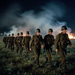 an photograph of a line of ww 2 solders walking in a field at night. in the background there is smoke and fire. christopher nolan style. cinematic!! shot. movie film frame. cinematography. detailed. hq. in - frame. imax. anamorphic!! film. anamorphic bokeh!!!. kodak. helios 4 4 m.