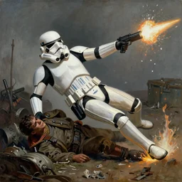 war photography, the falling soldier, an imperial stormtrooper hit by blaster fire, exact moment of death frozen in time, zeroes in on the instant of death forever anticipated in the painting, etched into the public's mind, groundbreaking, breathtaking, awardwinning, by robert capa, digital intricate art, hyperrealistic, detailed picture, 8 k, high resolution, 3 5 mm, canon, extreme long shot