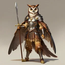 female birdkin!!! female birdfolk!!! anthro!!!!!!!! avian, bird, owl!!!!! 🐦🐦🐦!!!! feathers on body!!!! detailed fursona design!! furaffinity!!!! roman armor, Lorica segmentata!!!! holding gladius!! beautiful full body portrait commission!! head visible!!!!!!