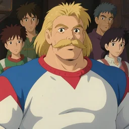 massive athlete with a blond mustache, dressed in blue white red, art by studio ghibli and j. c. leyendecker and greg rutkowski and artgerm and ilya kuvshinov, portrait, d & d, fantasy, highly detailed, digital painting, headshot, trending on artstation, concept art, sharp focus, illustration