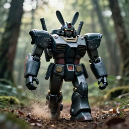 a 3 5 mm photo from the front of a black detail giant mecha armored war delorean robot chubby rabbit as gundam delorean walking in the woods, splash art, movie still, bokeh, canon 5 0 mm, cinematic lighting, dramatic, film, photography, depth of field, award - winning, backlighting, overcast, 8 k, hyper detailed, 3 5 mm film grain