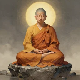 a meditating augmented monk sitting on a stone, visionary art style,