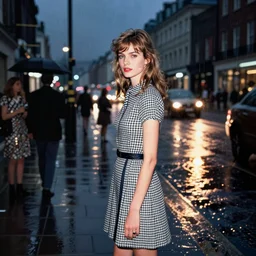 1960s fashion photography of twiggy in a checkered dress on the streets of London photographed by Annie Leibovitz, nighttime!!, flash photography, raining!, colorful, photorealistic, atmospheric,