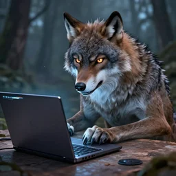 angry werewolf at laptop with crashing windows 9 5