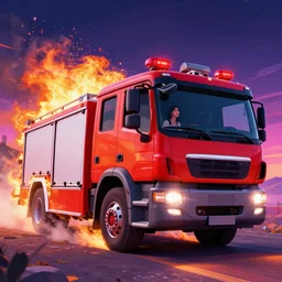 a korean woman driving a burning firetruck off a hill, high quality, ultra detailed, a beautiful retrowave digital artwork, trending on artstation, masterpiece, 1 6 k