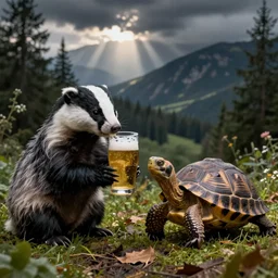 badger and turtle drinking European beer together, realistic, nature photography