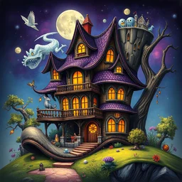 a three story house in the style of a witch boot, insanely detailed, fantasy illustration, colorful, children's book cover