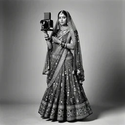 dramatic portrait photograph of an Indian princess, by Sohrab Hura, by Raghu Rai, for Magnum Photos, masterpiece, detailed, dynamic, cinematic composition, beautiful natural lighting, black and white, large format film camera, Ilford FP4, award winning, full-length portrait, no frames,