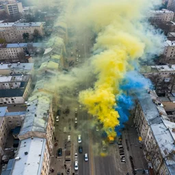 kiev city streets covered in yellow and blue smoke, drone photography, by kim keever