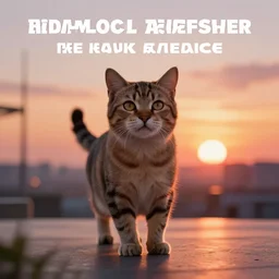 beautiful picture of a cat starting at a futuristic sunset, photorealistic, award winning details