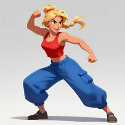 photorealistic Disney, an athletic young woman with blonde ponytails, a determined and enthusiastic expression, wearing a red tank top and voluminous blue pants, concept art, full body shot, action pose, trending on pixiv