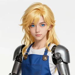 a highly detailed illustration of long wavy bright blonde haired effeminate boy wearing blue blacksmith apron and iron cybermechanical arms, blue eyes, dramatic smiling pose, intricate, elegant, highly detailed, centered, digital painting, artstation, concept art, smooth, sharp focus, league of legends concept art, wlop