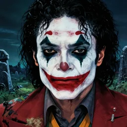 michael jackson!!!! realistic dramatic !big face realistic close up concept art  of michael jackson  joker zombie as a dragon ball Z  character,dark eye sockets,  graveyard landscape at night , 4k anime character illustration by akira toriyama, artstation