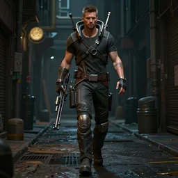 a detailed full bodied 3 d render of an extremely handsome jensen ackles as the terminator walking down a dark alley in cyberpunk 2 0 7 7, holding futuristic crossbow, volumetric lighting, octane render, 8 k, art by greg rutkowski and albert bierstadt and alphones mucha
