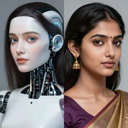 mix of beautiful sri lankan female as a female robot, perfect faces, tech company, very coherent and colorful high contrast art, artstation, deviantart, digital art