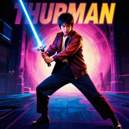 “ uma thurman in kill bill in a sword stance with a lightsaber, highly detailed, 8 0 s pop neon movie poster ”