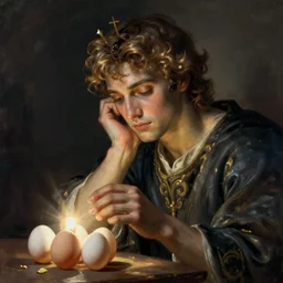 Pensive Wizard Examining Eggs, by Michaelangelo.
