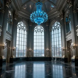 photo of cold steel sci fi art-deco imperial palace interior,  black marble floors and soft ceruleum chandelier, floor to ceiling arched gothic windows, dramatic lighting