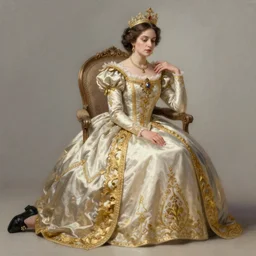 kneeling before a condescending queen,  sitting in a chair while posing for a photo, royal gown, golden detailing, medium shot, intricate, elegant, highly detailed, digital painting, volumetric light, artstation, concept art, smooth, sharp focus, illustration, art by Gil Elvgren and Greg Rutkowski and Alphonse Mucha, 8K