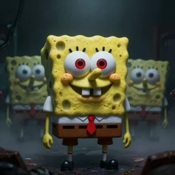 3 d creepy cgi evil spongebob staring with red eyes. octane render. volumetric fog, 4 k, darkness, scary, eery, realistic, hyperrealism, pores, textures, wrinkles, fleshy sponge horror, dark, dimly lit shadows, made by meatcanyon