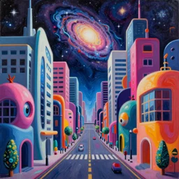 an extremely high quality hd surrealism painting of a 3d galactic neon complimentary-colored cartoony surrealism melting optically illusiony high-contrast zaha hadid city street by kandsky and salvia dali the second, salvador dali's much much much much more talented painter cousin, clear shapes, 8k, flowing, ultra realistic, super realistic