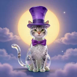 portrait of a ( ( ( a glass cat food ) ) ), ( ( bellaco guapo joven cubano pelo buzzed camisa morada ) ), nubes y magia, el sol, concept character cat in the hat, by greg rutowski and mucha and bierstadt and remington, trending on artstation