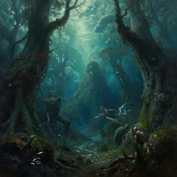 An epic underwater forest, by Wayne Barlowe, by Ivan Aivazovsky, by Bruce Pennington, by Paul Lehr, masterpiece, oil on canvas, trending on artstation, top on pixiv, cinematic composition, dramatic scene, beautiful aesthetic lighting, artgem, horror, fantasy, concept art, sharp, high details, hyper-detailed, astrophotography, no frames, 8K