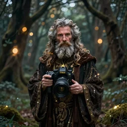 merlin, the wizard, in a fae forrest. bokeh, editorial photography, nikon d 7 5 0, 8 k, ycbcr, moody lighting, lumen reflections, oil painting by akihito yoshida, annibale carracci, camille corot, and ivan shishkin