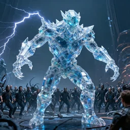 tourmaline by jakub rozalski, chaos golem still frame from mcu movie, nuclear crystal construct from kubrick movie, crystal golem fighting vast army by jakub rozalski, tourmaline lightning elemental from benicio del toro movie