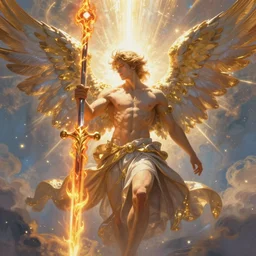 glorious beautiful painting of male angel with flaming sword and golden wings, heavenly background and radiant light, chiseled abs, art by Sakimichan, glitter