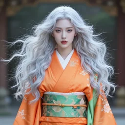dreamlike luxury stunning gorgeous woman fairy, pale orange and green kimono long wavy hair windy, art by artgerm, wlop, loish, ilya kuvshinov, 8 k hyperrealistic, hyperdetailed, beautiful lighting, detailed background, depth of field, symmetrical face, frostbite 3 engine, cryengine,