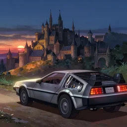 animation key shot, a delorean is parked on a hill overlooking a medieval city at night, close up shot, studio ghibli, pixar and disney animation, sharp, rendered unreal engine 5, film key art, greg rutkowski, bloom, dramatic lighting, sunrise