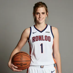 Emma Watson as a tall NBA player, holding a ball, candid portrait photography